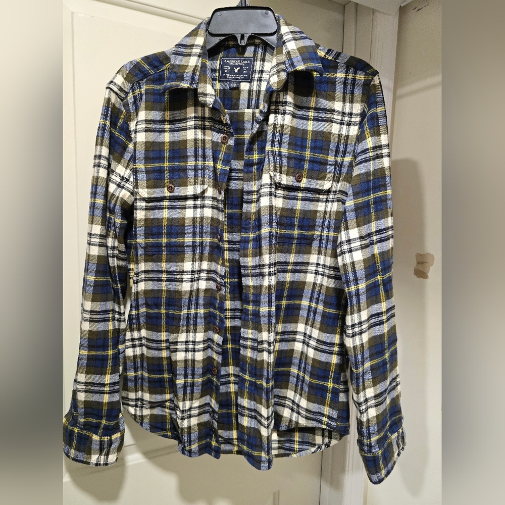 American Eagle Mens Green and Blue Plaid Flannel Button-Up Shirt